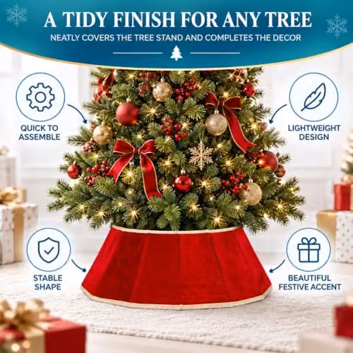 Shatchi Velvet Christmas Tree Skirt in Red and Gold, Diameter: 68 cm – 4