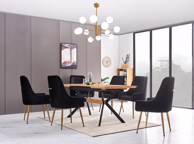 Life Interiors Soho Blaze LUX Extendable Rectangular Dining Set in Black and Gold with 6 Chairs