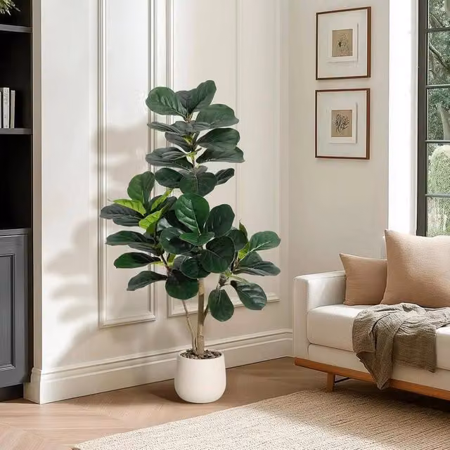 VOGREX 4ft Fiddle Leaf Fig Artificial Ficus Lyrata Tree in Green, Grey and Brown – 1