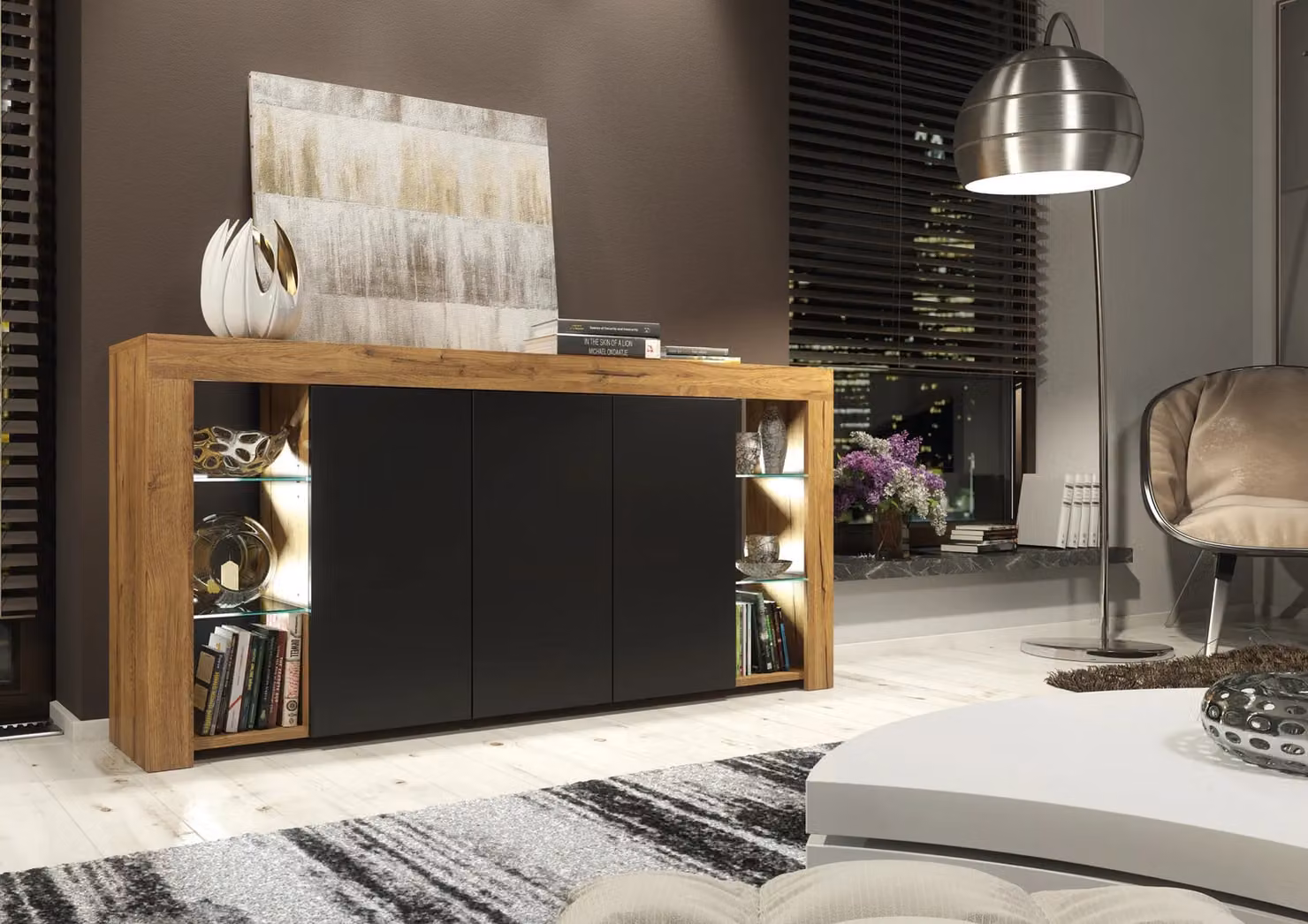 Creative Furniture Eden Sideboard in Brown and Black with Glossy Doors and Integrated Lighting, W: 164 cm – 2