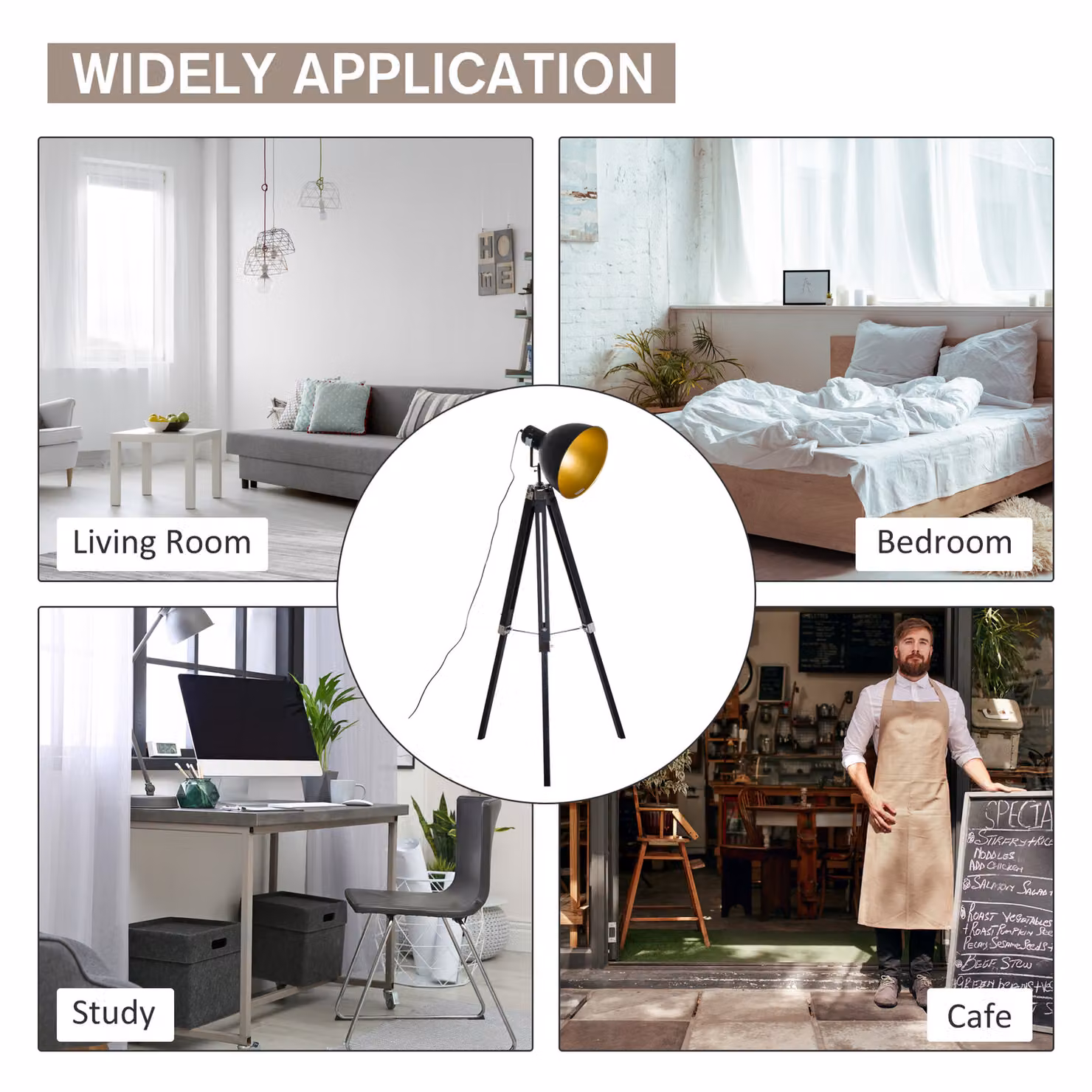 HOMCOM Industrial Tripod Spotlight with Adjustable Wooden Legs and Gold Metallic Cone Shade in Black and Brass – 5