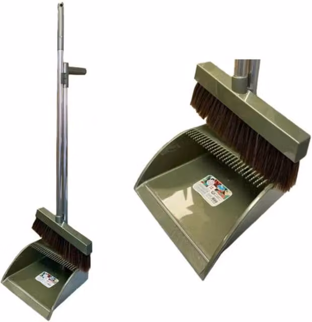 KDMD Large Extra Wide Long Handle Metal Dustpan and Brush Set in Green and Grey