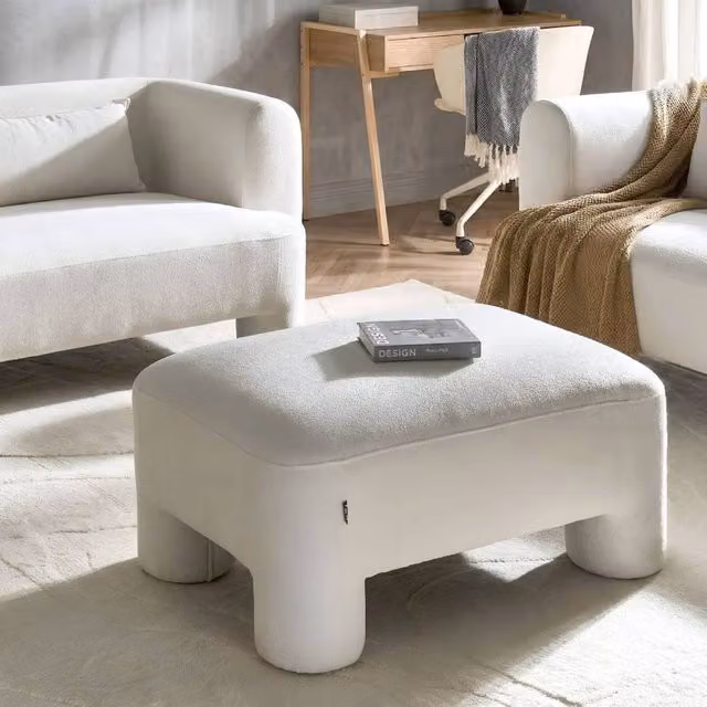 Wyld and Coco White Woven Fabric Rectangular Ottoman with Upholstered Frame – 1