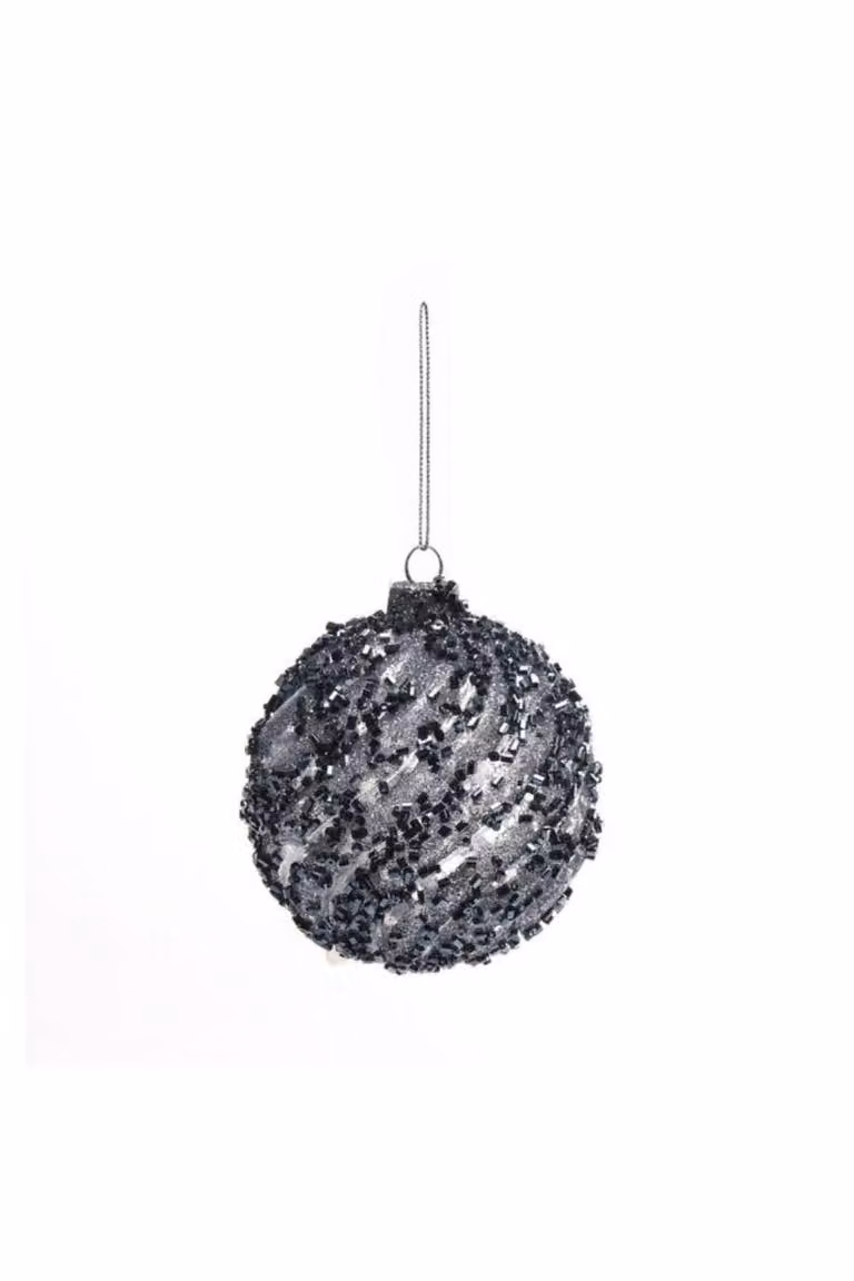 KDMD Midnight Blue and Grey Sequin Glass Christmas Baubles, 2 Pack, Diameter: 80 mm