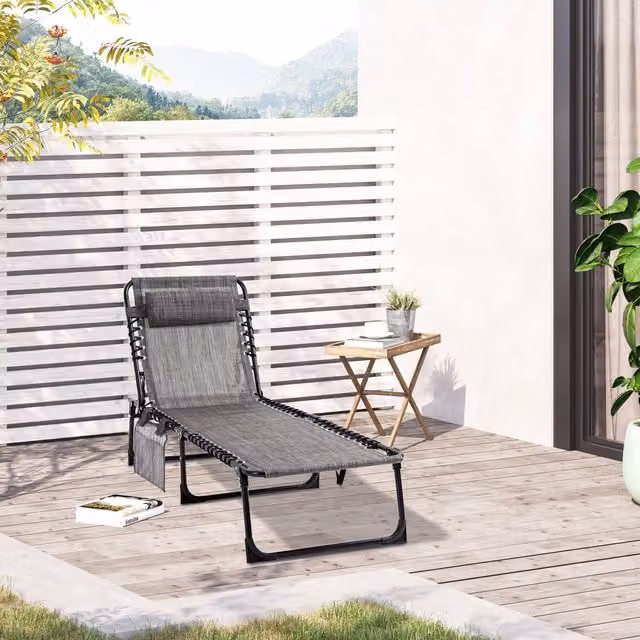 Outsunny Portable Folding Camping Sun Lounger in Mixed Grey with Adjustable Headrest and Powder Coated Steel Frame