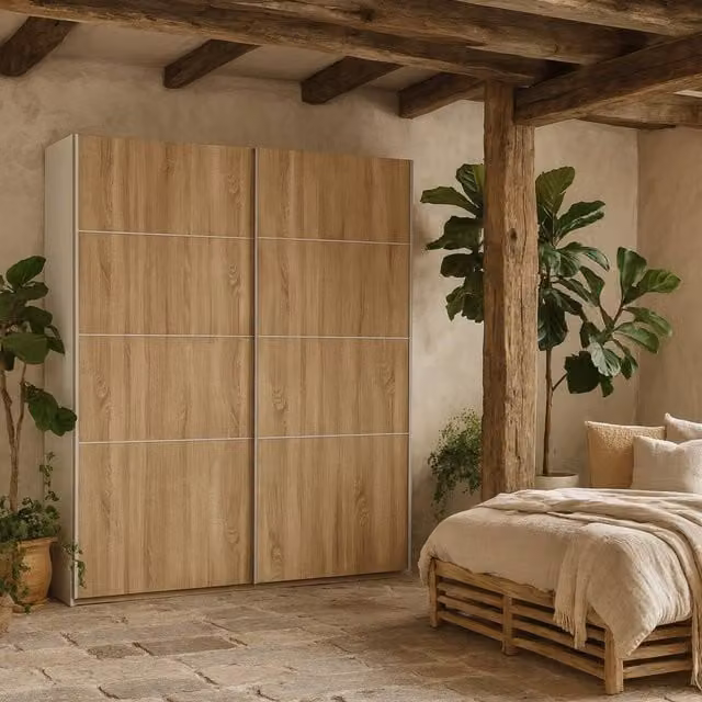 Wyld Haus Bordeaux Double Sliding Door Wardrobe in Natural Oak, Width: 180 cm