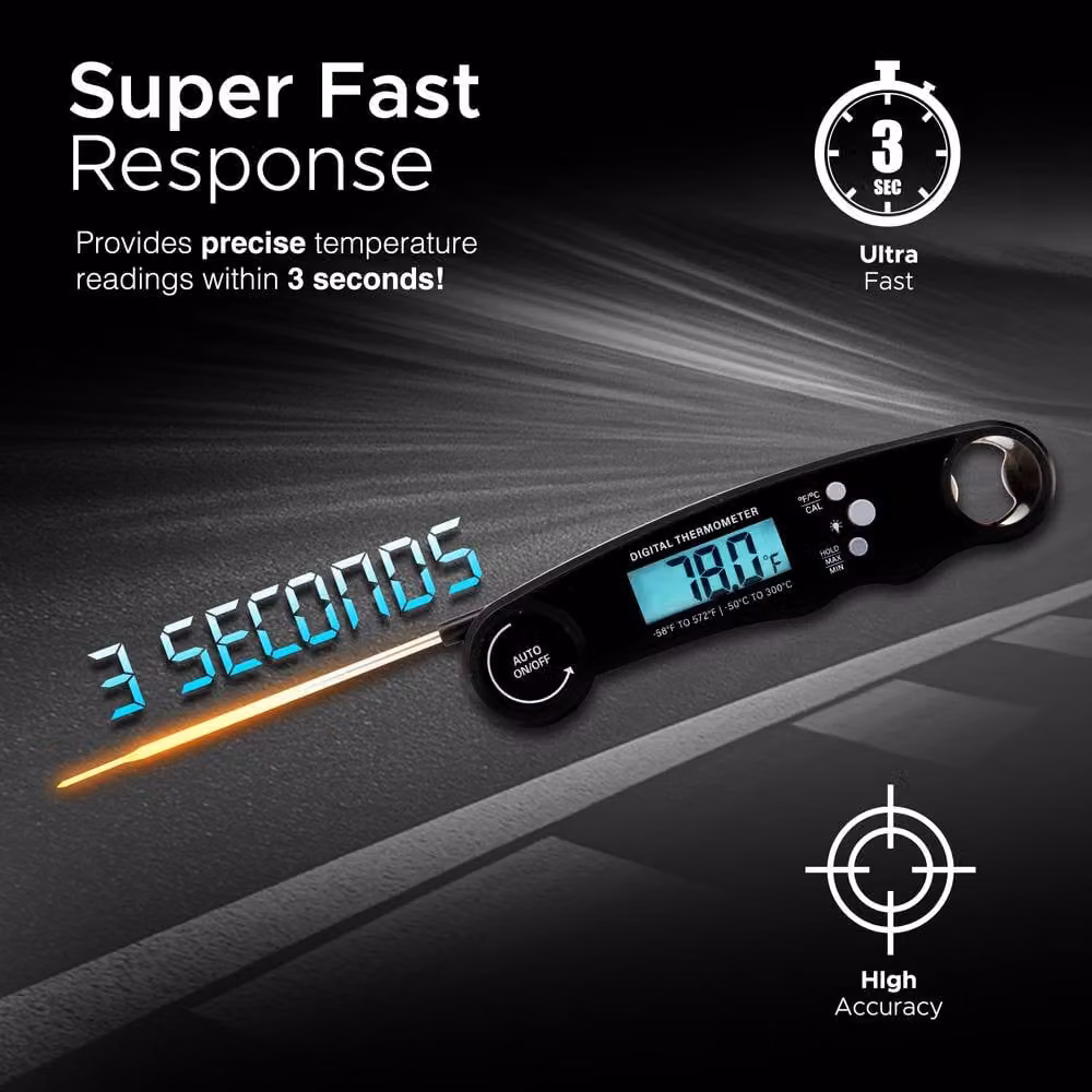 Keplin Instant Read Digital Meat Thermometer with Backlight LCD and Foldable Probe, Black – 2