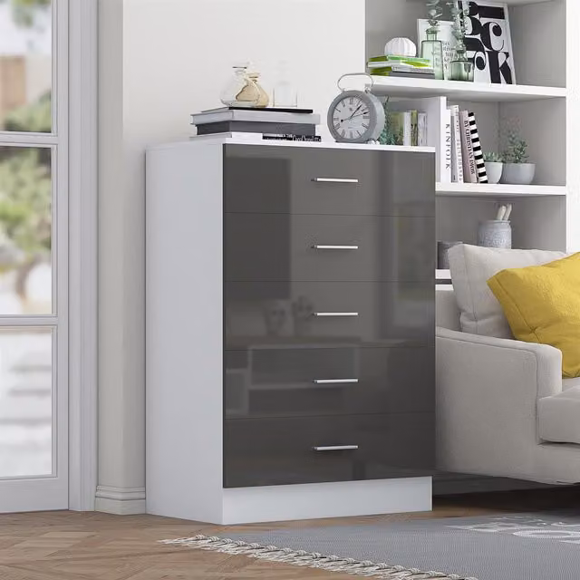REFLECT 5 Drawer Tall Chest in Grey High Gloss and Matt White Finish