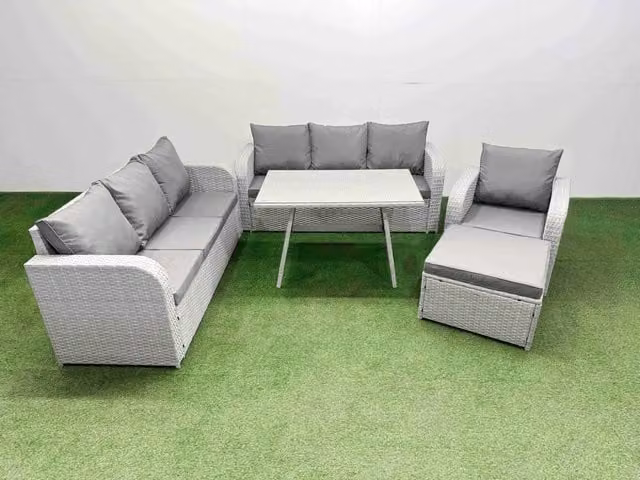 Fimous 5 Piece Outdoor PE Rattan Garden Furniture Set with Large Stool in Light Grey