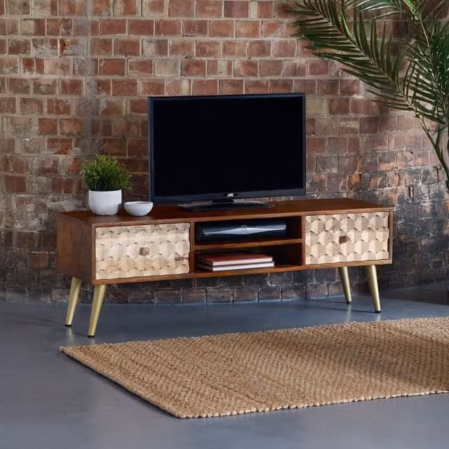 IH Design CNC Retro Large Plasma TV Unit in Mango Wood with Gold and Brown Geometric Accents