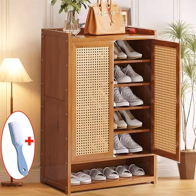 KORVIXA Wooden Shoe Cabinet with Double Rattan Doors in Sand and Brown, W/D/H: 94 x 32 x 32 cm