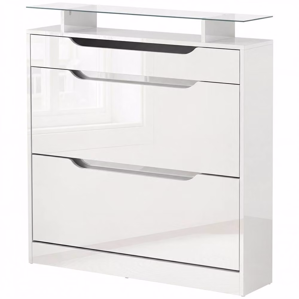 STILVORA Modern White Shoe Storage Cabinet with Tilting Compartments and Drawer, W/D/H: 89 x 23 x 96 cm – 2