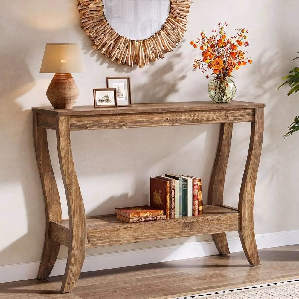 VOGREX 2-Tier Rustic Solid Wood Console Table, Brown, W/D/H: 104.9 x 30.0 x 80.0 cm – 2