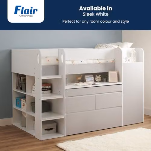 Flair Deimo White Engineered Wood Staircase Bunk Bed with Storage and Side Compartments – 3