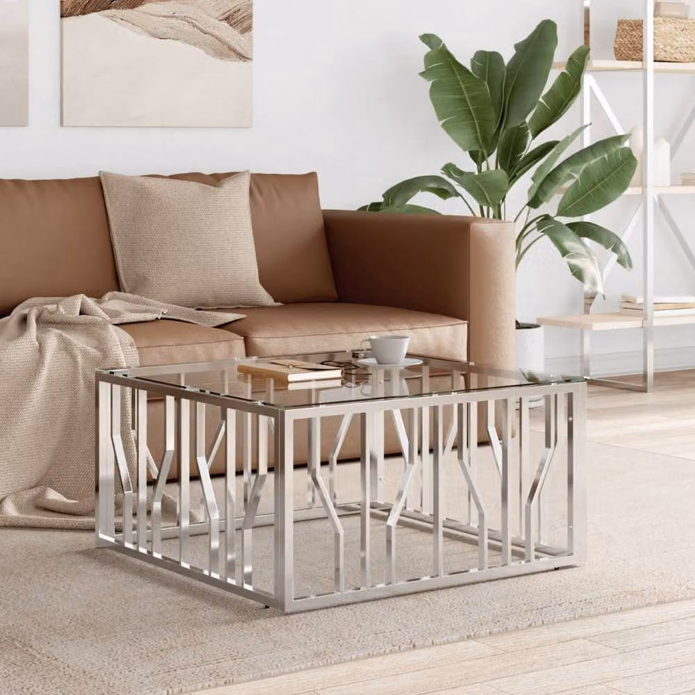 Berkfield Home Decorative Square Coffee Table in Silver with Glass and Metal, W/D/H: 80 x 80 x 40 cm – 2