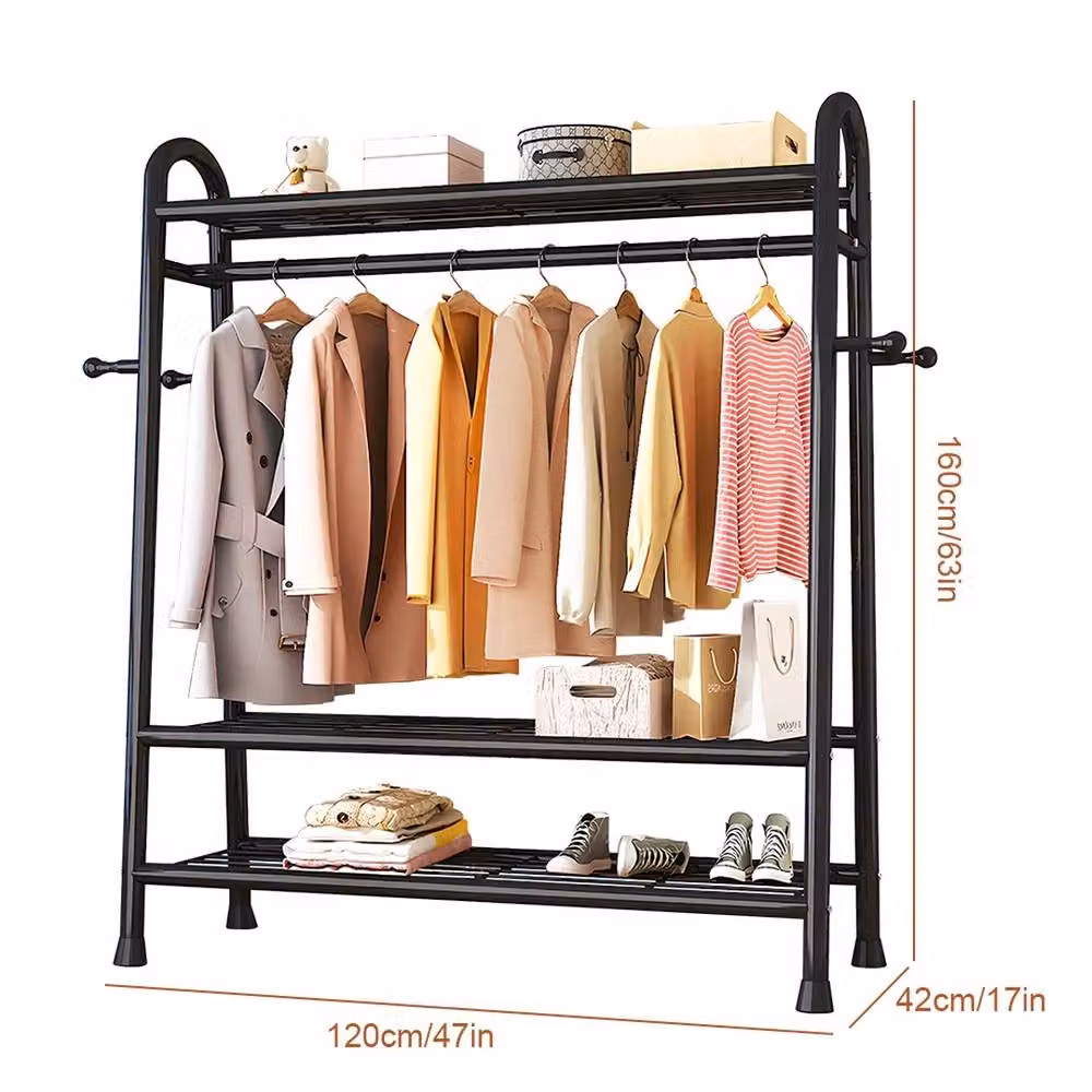 VOGREX Heavy Duty Double Rail Metal Garment Rack with Shelf in Matt Black – 2