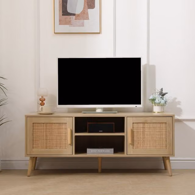 HMD Furniture Scandinavian Rattan and MDF TV Unit in Natural Brown, White and Beige