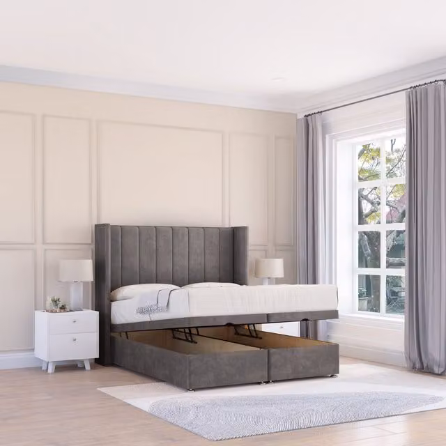 Sloomy Falcon Naples Grey Fabric Ottoman Bed with Sprung Memory Mattress and Winged Floorstanding Headboard, Size: Single (W/D/H: 90 x 190 cm)