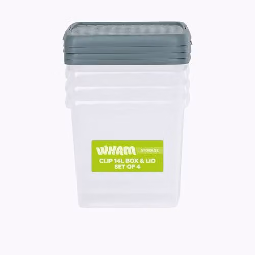 Wham 4 x 14L Square Stackable Plastic Storage Boxes with Lids, Transparent and Green