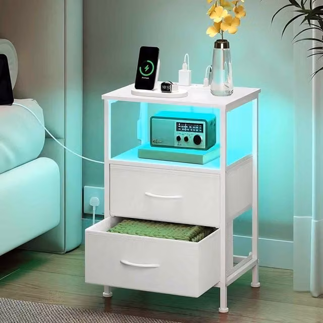 The Bazaarist Set of 2 Modern White LED Bedside Tables with USB Charging Station and Integrated Under-Bed Lighting, W/D/H: 60.45 x 39.62 x 29.97 cm