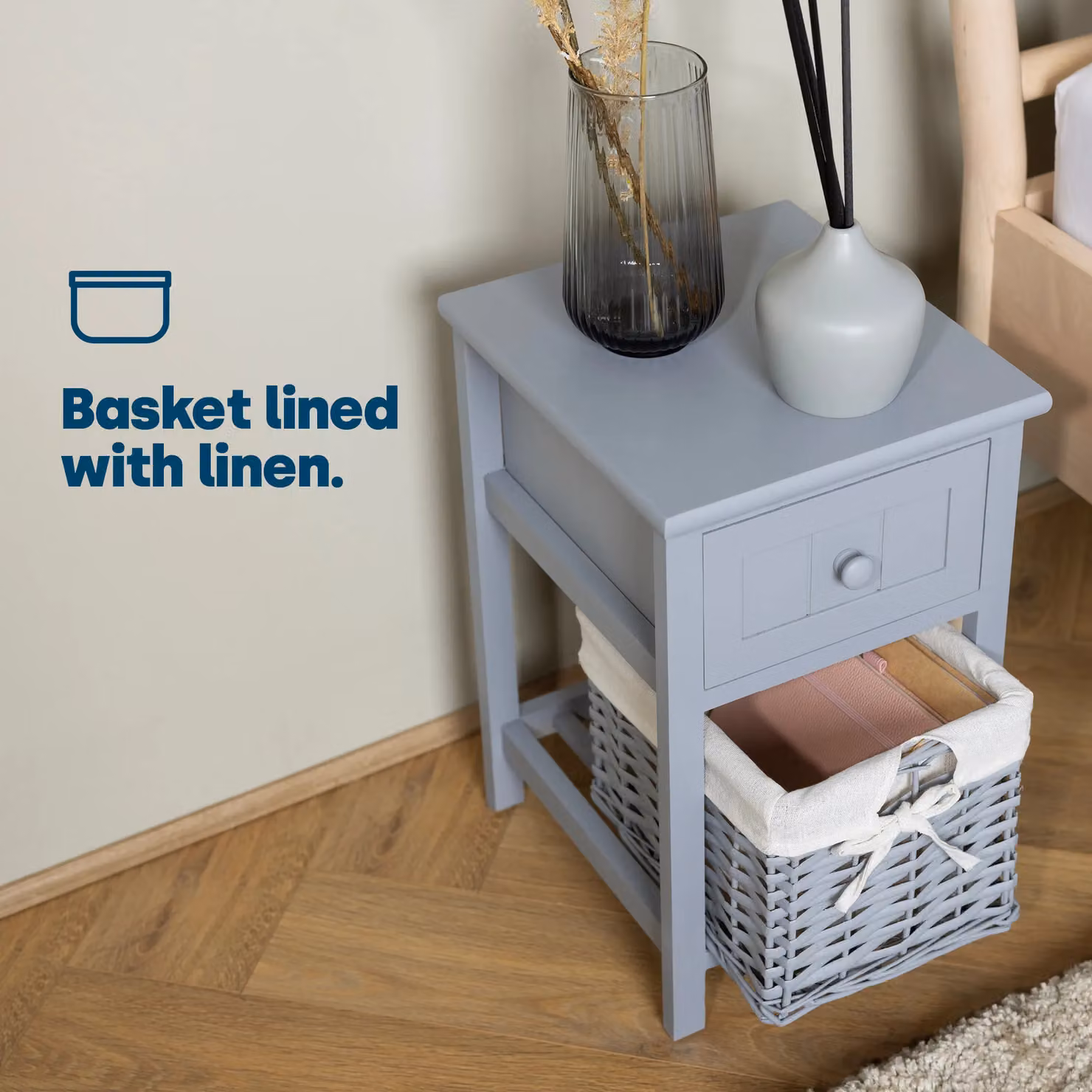 LIVIVO Shabby Chic Wooden Bedside Cabinet in Grey with Rattan Wicker Basket – 2