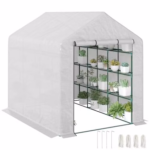 Outsunny Walk-in Gable Greenhouse with Shelving, White, W/D/H: 180 x 180 x 210 cm