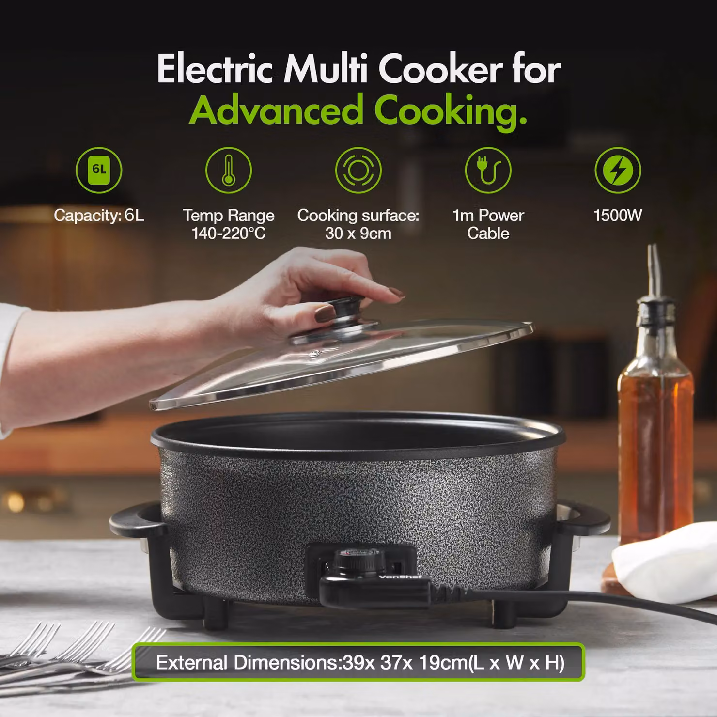 VonHaus 6L Round Electric Frying Pan with Glass Lid in Black – 2