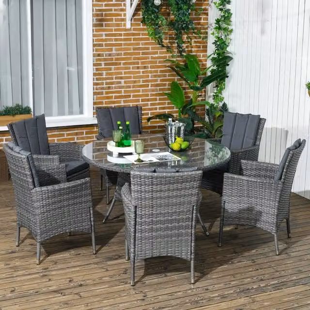 Outsunny 7-Piece Grey PE Rattan Garden Furniture Set with Round Table and Powder Coated Aluminium Frame