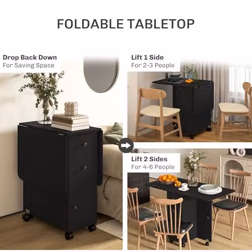 HOMCOM Extendable Drop Leaf Dining Table with Castors, Black, W: 60-120 cm, D: 30-60 cm, H: 76.5 cm – 5