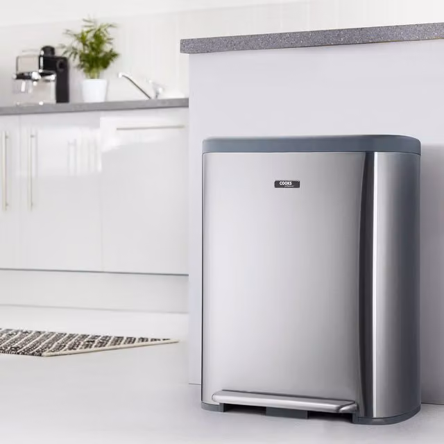 Cooks Professional 60L Dual Compartment Soft Close Stainless Steel Pedal Bin in Silver