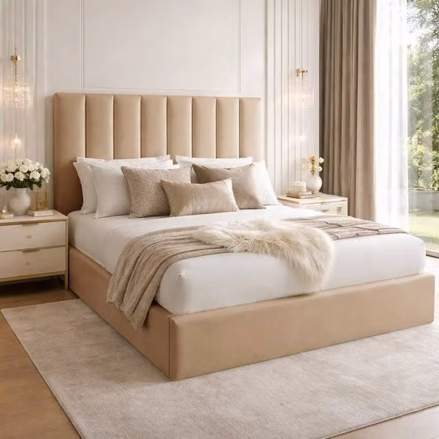 Desire Deco Suenna Ottoman Storage Bed Frame in Beige Plush Velvet, Double W/D/H: 140 x 200 cm – 1
