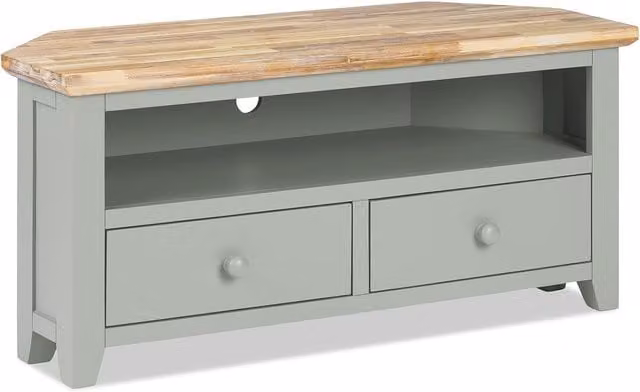 Florence Corner TV Unit with 2 Drawers in Sage Green Acacia Wood, W/D/H: 108.0 x 50.0 x 40.0 cm