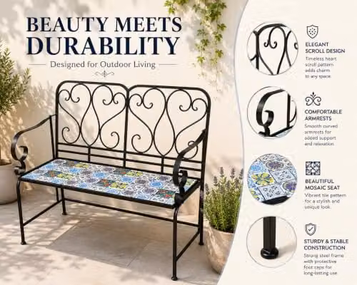 SHATCHI Lisbon 2 Seater Mosaic Garden Bench with Metal Frame and Glossy Geometric Ceramic Tile Seat, W: 112 cm, H: 96 cm, D: 47 cm – 3