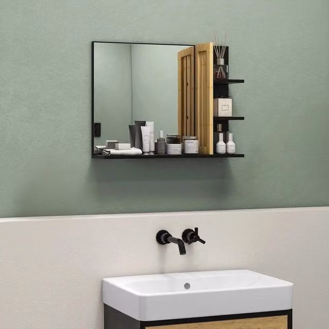 HOMCOM Modern Wall Mounted Black Bathroom Mirror with 4 Open Storage Shelves