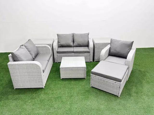 Fimous Grey Poly Rattan Garden Furniture Set with 2-Seater Sofa, Reclining Armchair, Ottoman, Coffee Table and Cushions