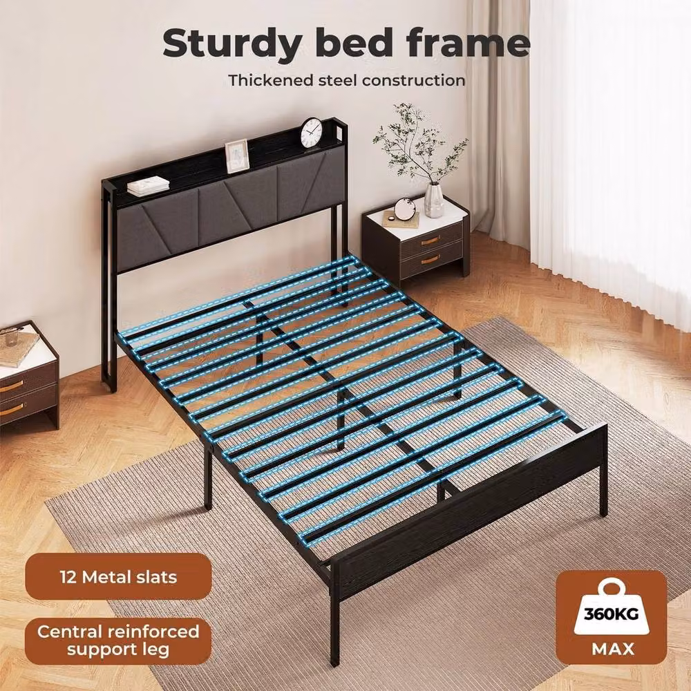 VOGREX Black Linen Upholstered Double Bed Frame with Metal Storage Platform and Bedside Shelves, 140 x 200 cm – 4
