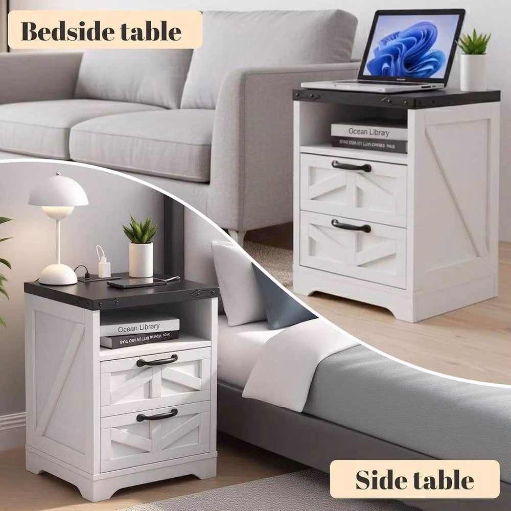 VOGREX White Farmhouse Bedside Table with 2 Drawers and USB Charging Port – 5