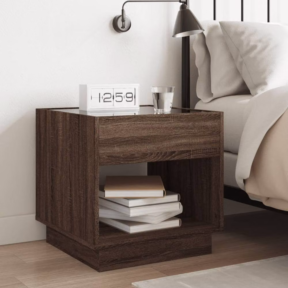 Berkfield Home Infinity LED Bedside Table in Brown Oak with Mirror Top, W/D/H: 50 x 50 x 50 cm – 4