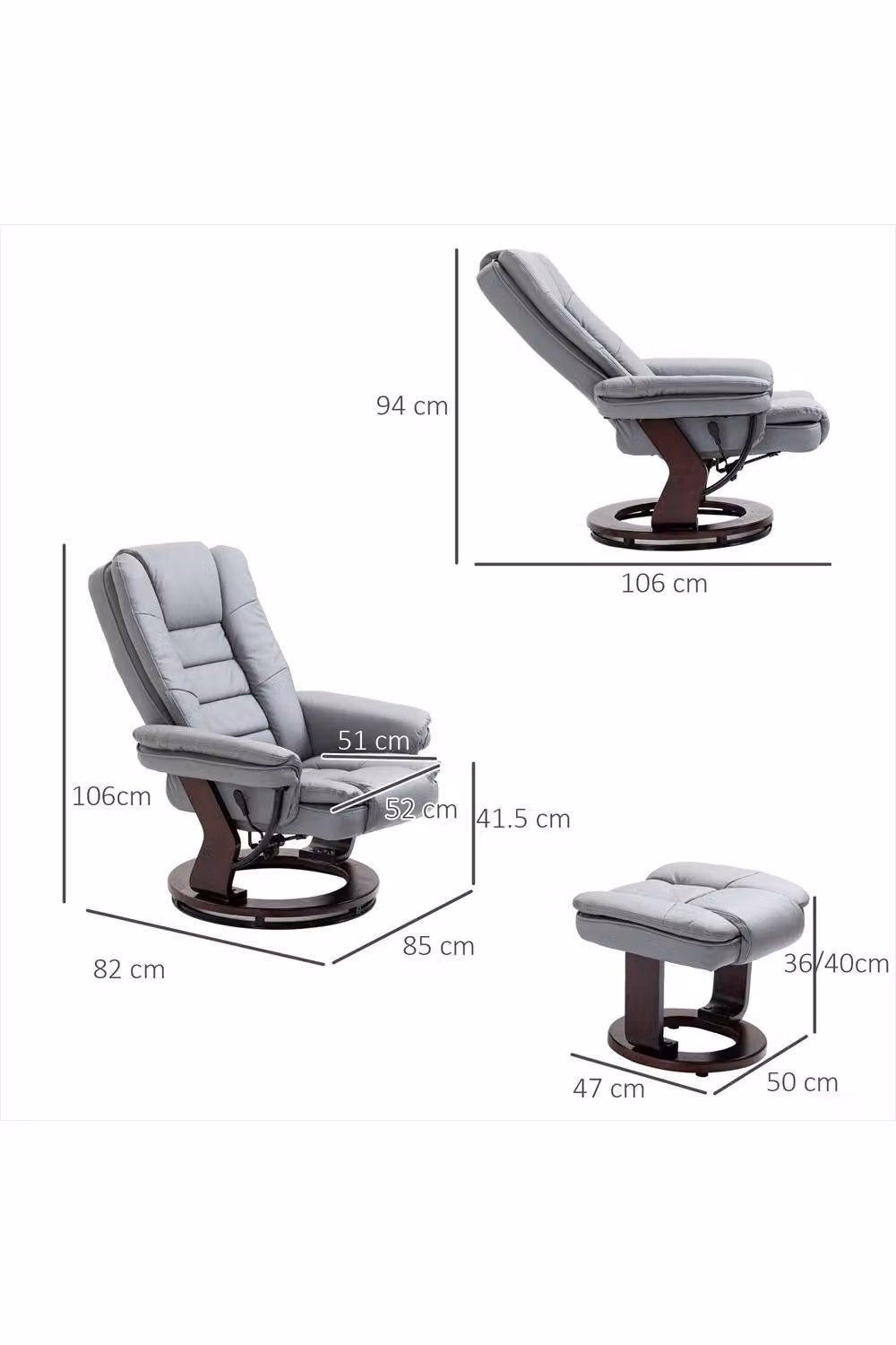 ERGOVEXA Grey Recliner Armchair with Matching Footstool and Synthetic Leather Upholstery – 2