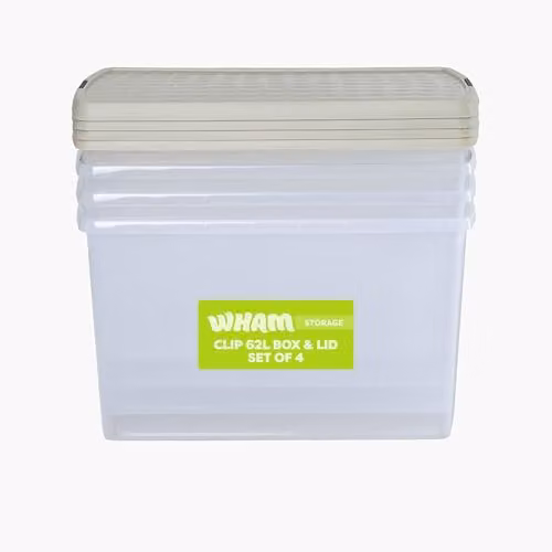 Wham 4 x 62L Rectangular Stackable Plastic Storage Boxes with Lids, Transparent and Beige – 1