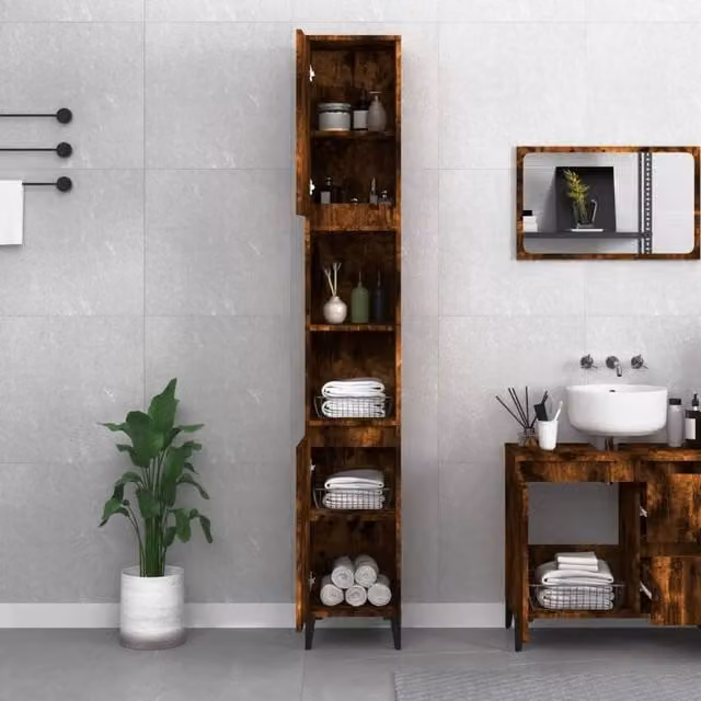 Berkfield Home Durable Smoked Oak Bathroom Cabinet in Brown, W/D/H: 30 x 30 x 190 cm – 1