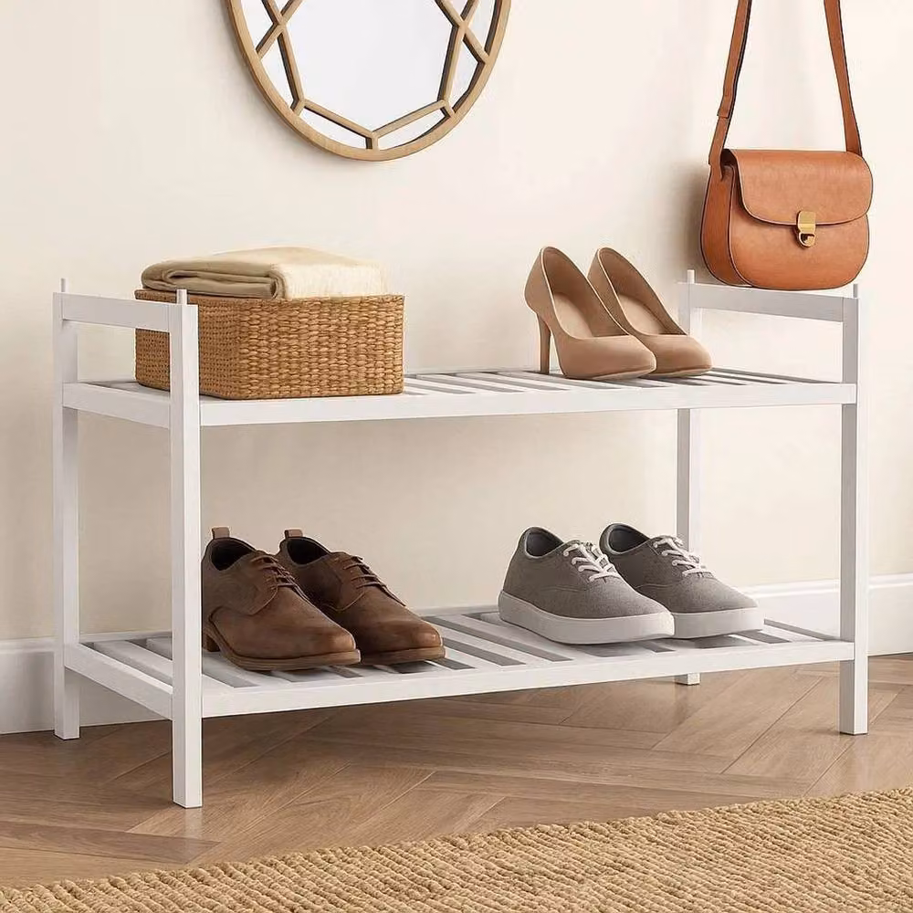 EONLION Set of 1 Stackable Bamboo Wood Shoe Rack Organiser in White – 2
