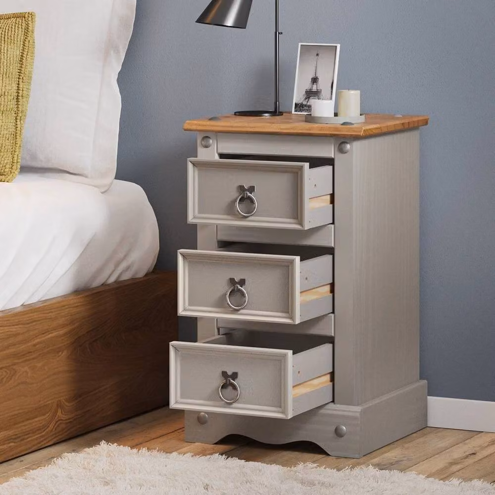 PAWNORA Grey Rustic Pine 3-Drawer Bedside Cabinet – 3