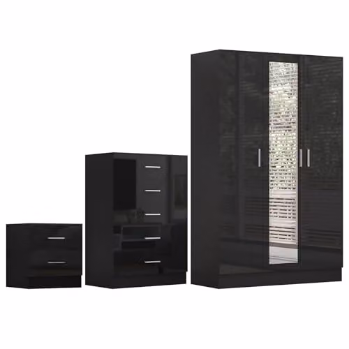 Reflect Modern Bedroom Furniture Set in Black Gloss and Black Oak Finish, including 3 Door Mirror Wardrobe, 5 Drawer Tallboy Chest and Bedside Table – 2
