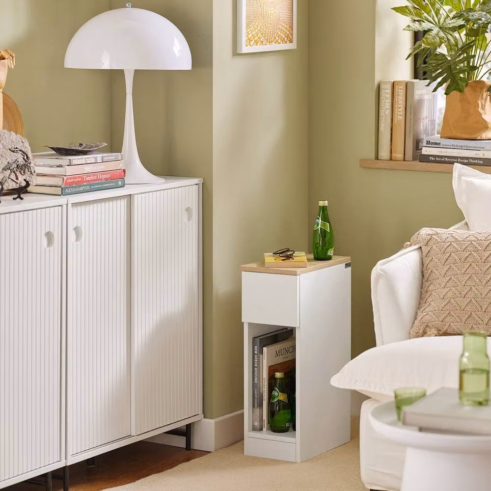 SoBuy Set of 2 Modern Slim Bedside Tables with Open Shelf and Drawer, White, W/D/H: 35 x 20 x 60 cm – 4
