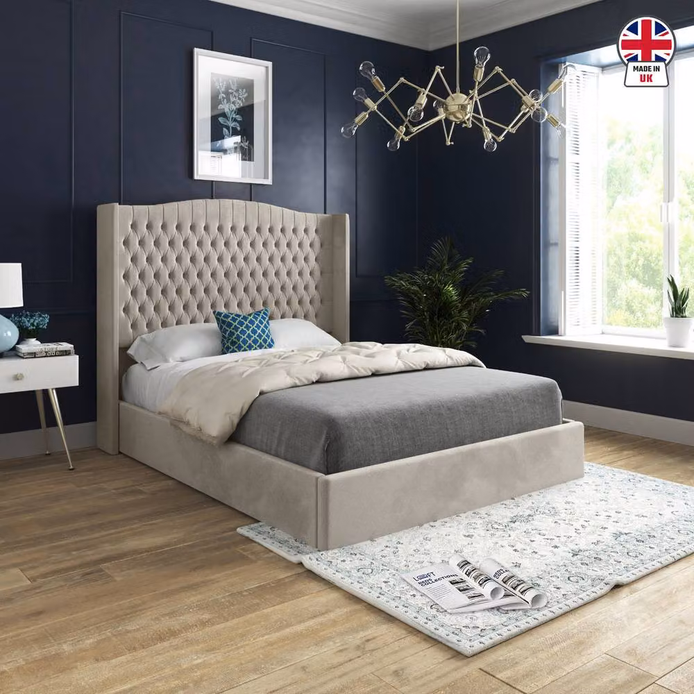 KDMD Stonegrave Winged Upholstered Designer Bed Frame in Beige Soft Velvet, Small Single – 3
