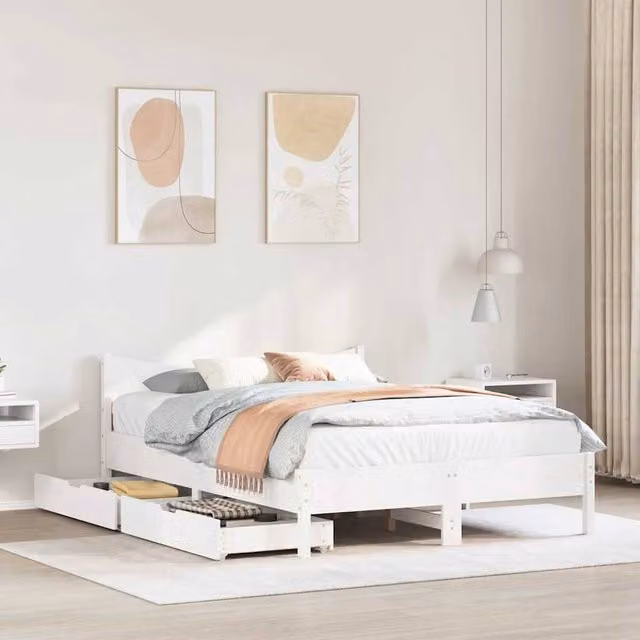 Berkfield Home Full Bed Frame with Drawers in White Solid Pine Wood, W/D/H: 160 x 200 x 74 cm