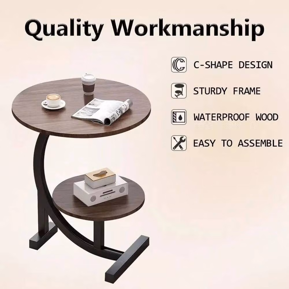 FORGEVIO Industrial Round Side Table in Brown with Wood and Metal Tiers, W/D/H: 60 x 40 x 60 cm – 3