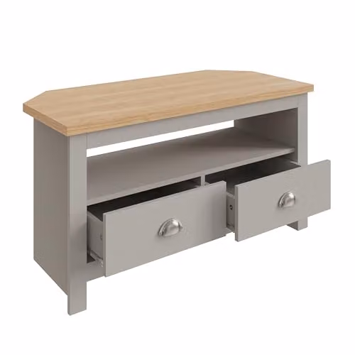GFW Lancaster Grey and Oak Corner TV Cabinet with 2 Drawers and Media Compartments – 2