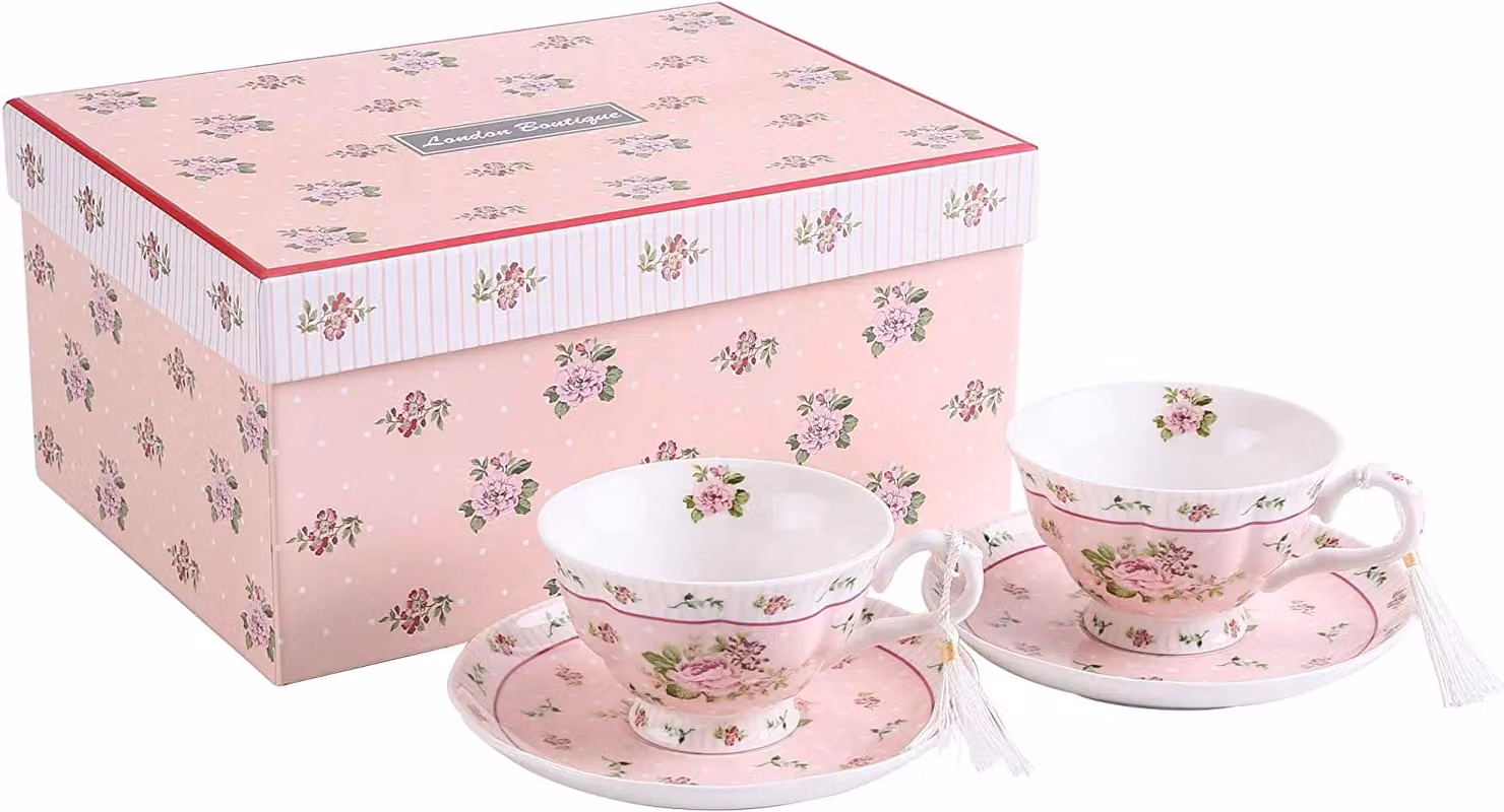 London Boutique Rose Pink Floral Porcelain Coffee and Tea Cup and Saucer Set of 2 – 4